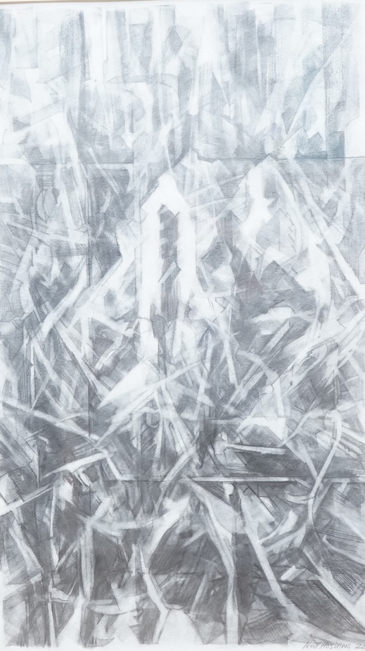 Ned Hoskins (1939-2021), graphite on paper, 'Devastation', signed and dated 2004, 56 x 34cm